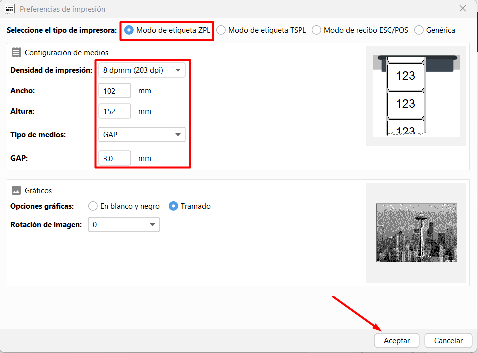 Preferencias de impresión: modo ZPL/TSPL, ancho, alto y GAP